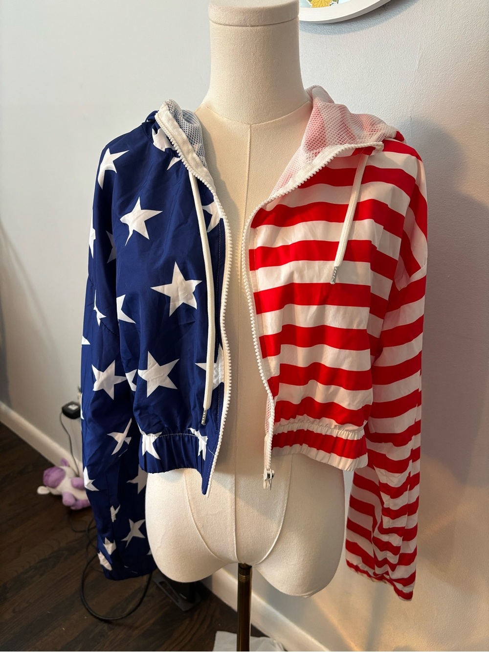 Forever 21 Red, White & Blue Mesh Hooded Jacket